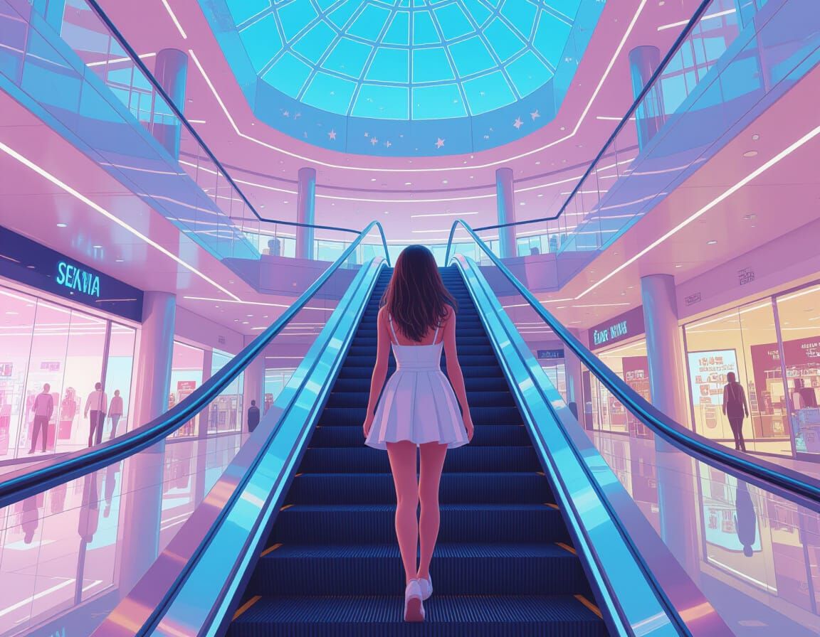 2006 dreamcore mall with colours and escalators in Poland