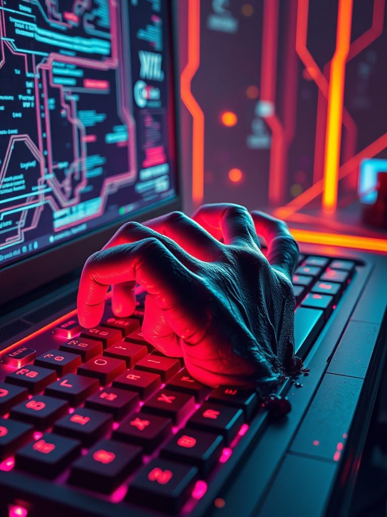 Hands Dissolve into Neon Keyboard in Cyberpunk Landscape