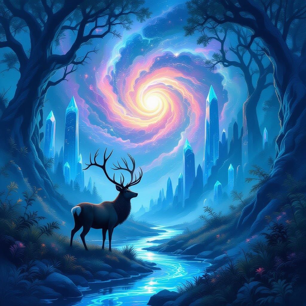 Stag Gazing at Nebula in Glowing Forest