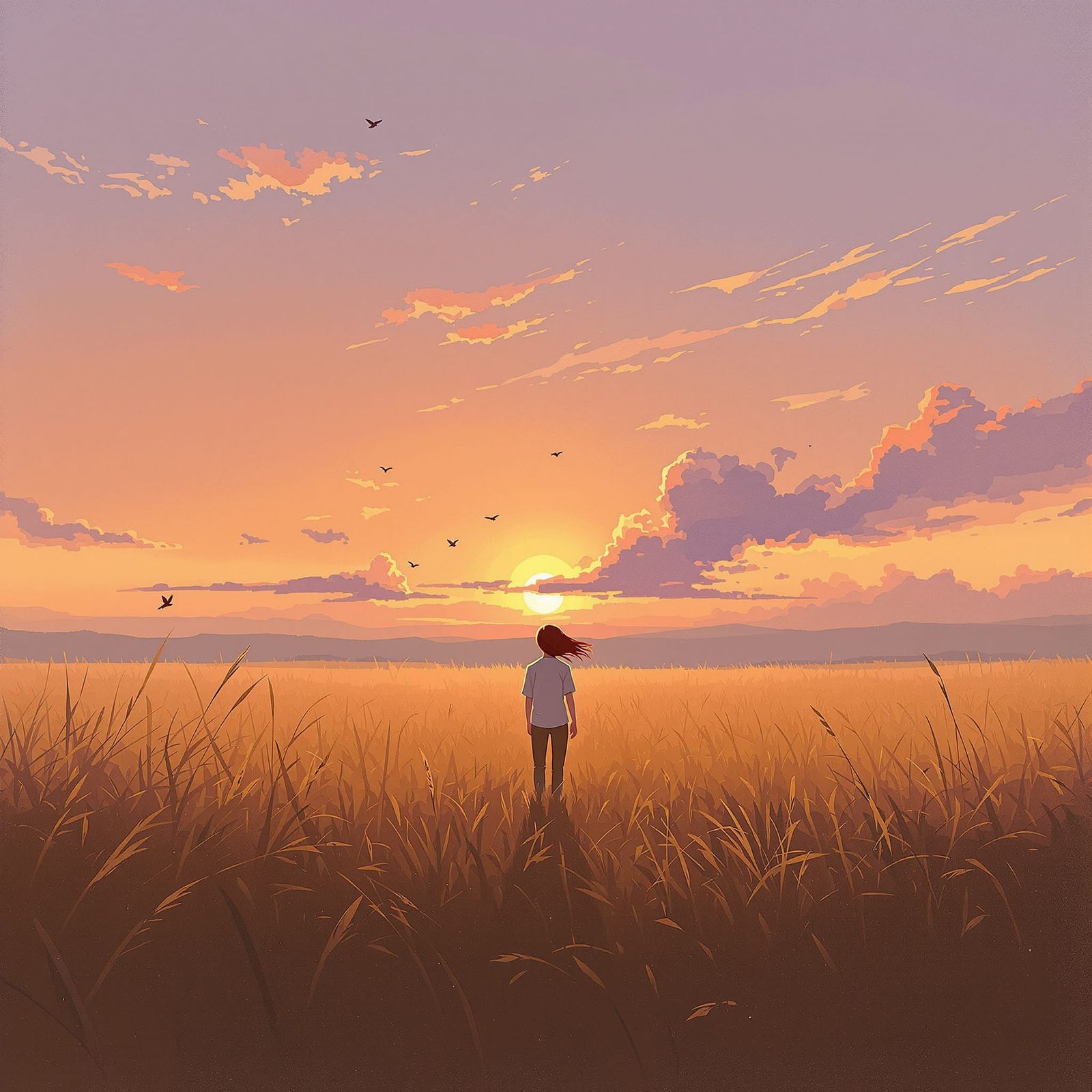 Peaceful Sunset Field with Solitary Figure, Impressionist St...