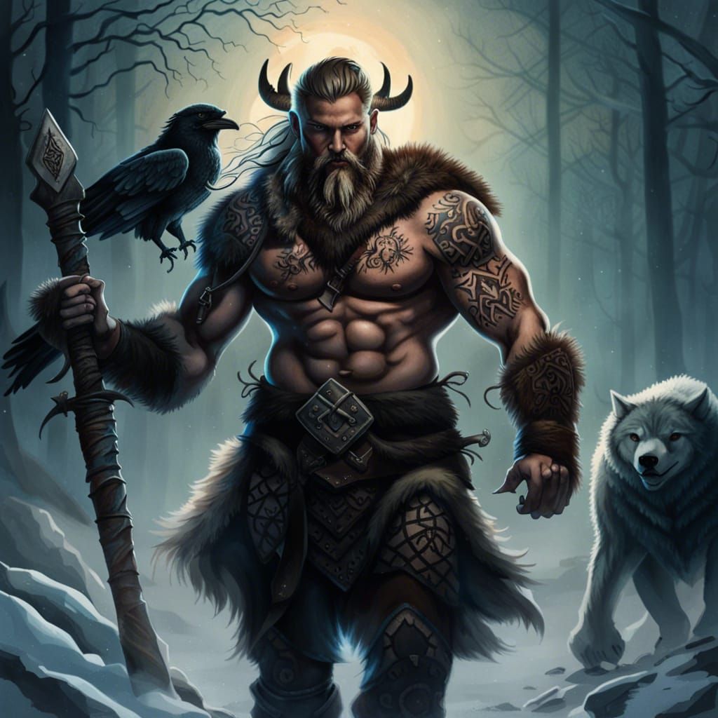 Viking Berserker Warrior in Snowy Forest at Night