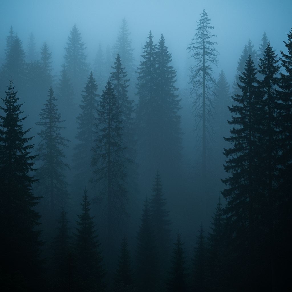 Mysterious Foggy Forest Bathed in Blue Light
