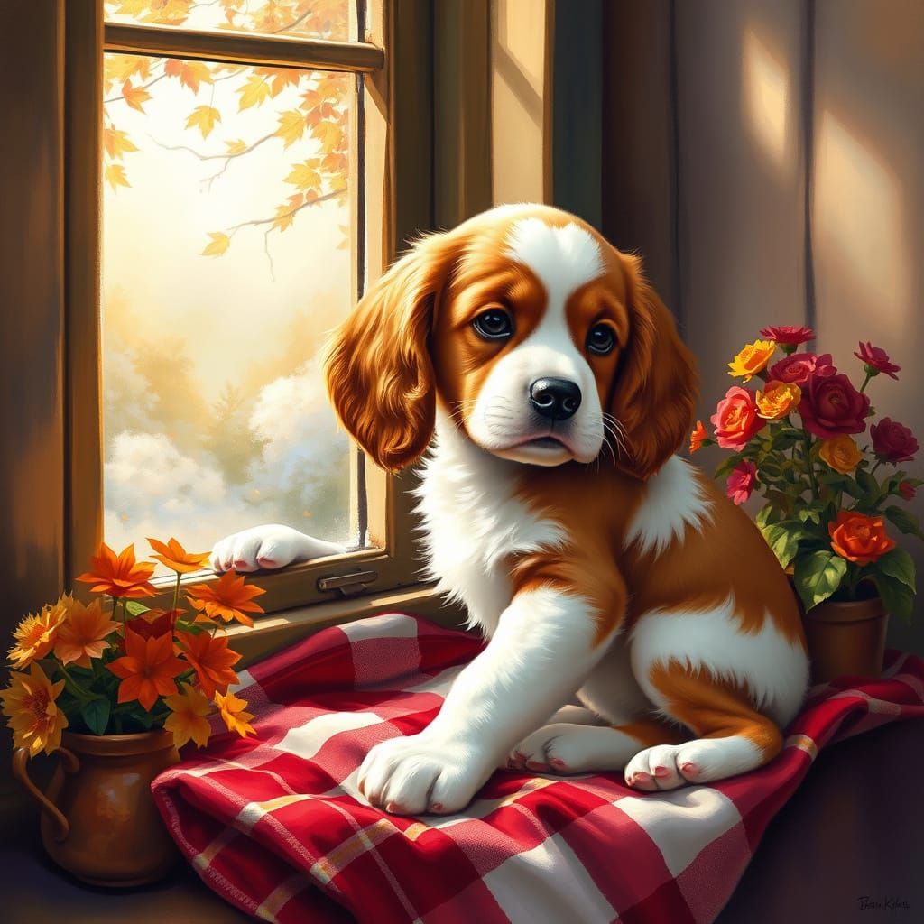 Whimsical Oil Painting of a Cocker Spaniel Puppy in Fall