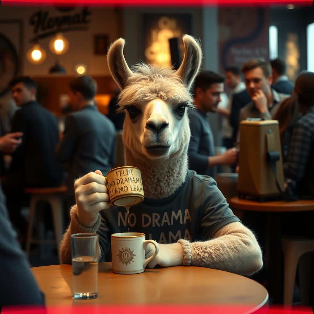 Grumpy Llama Sipping Coffee: Cinematic Film Still