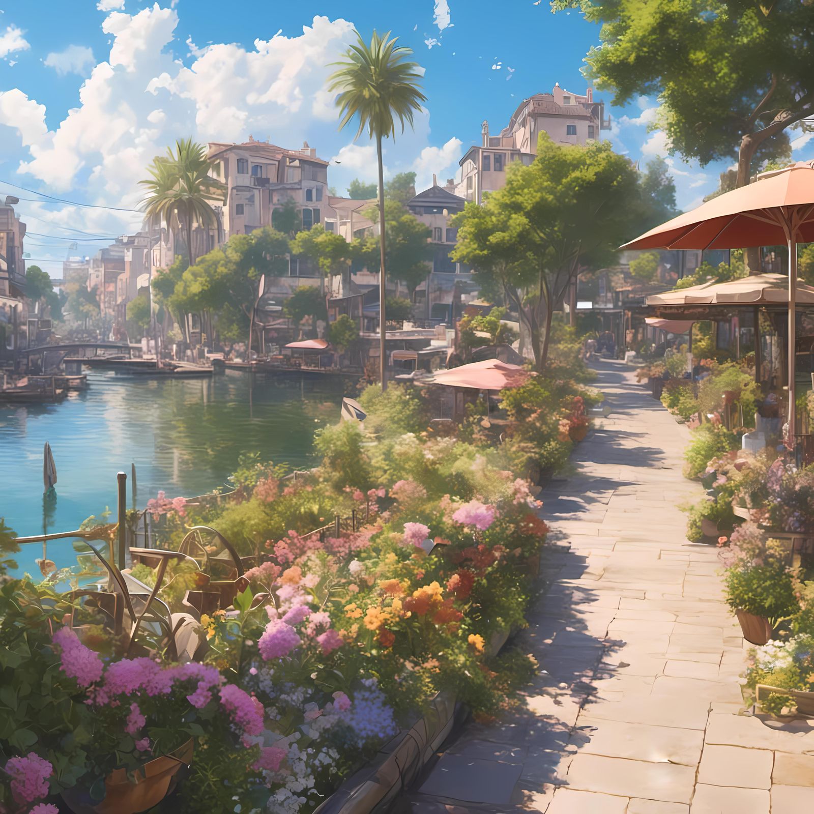 Whimsical Anime Riverside Promenade in Hyperrealism