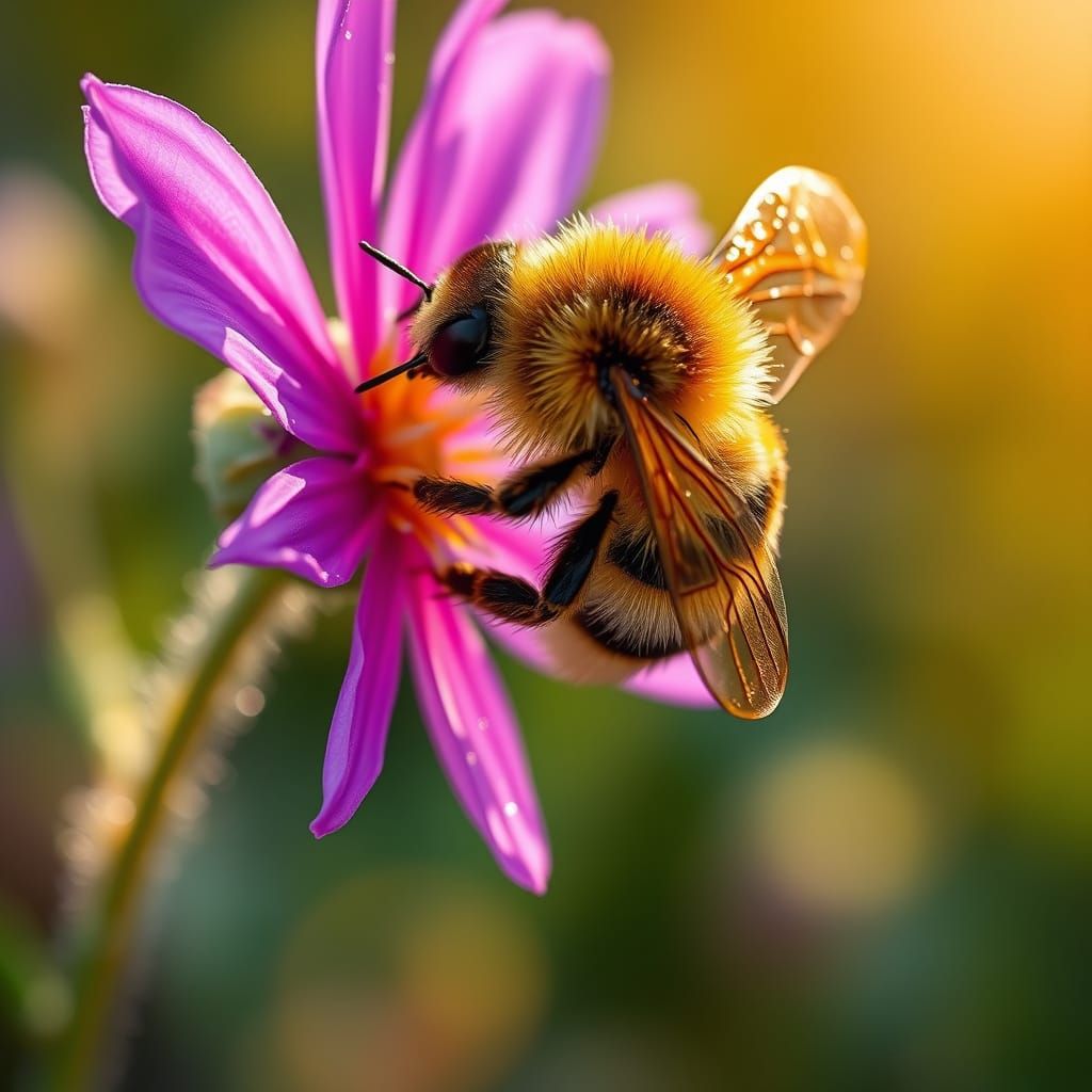 Busy Bee Collects Nectar in Hyper-Realistic Floral Scene