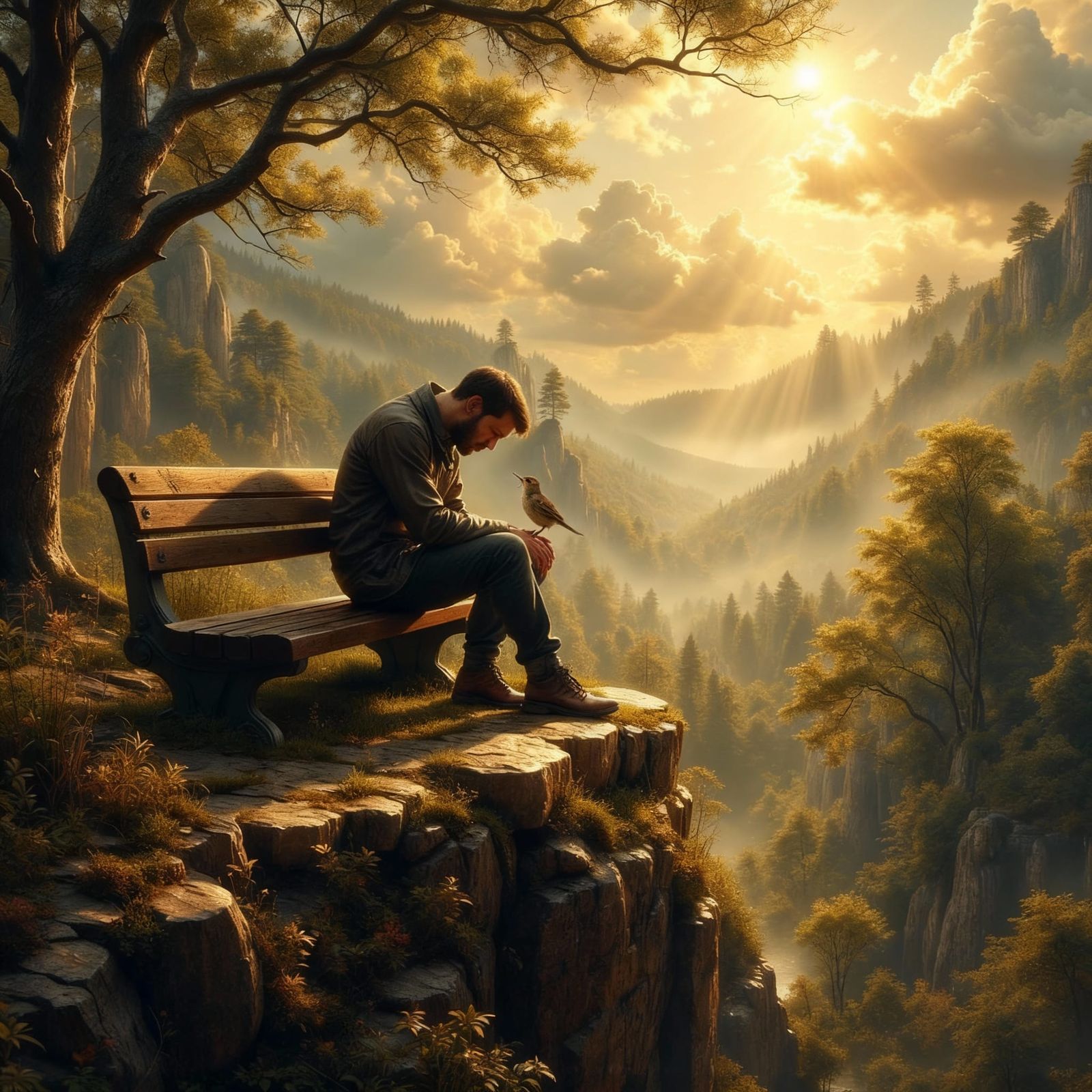 Man Finds Hope with Sparrow on Clifftop, Impasto Digital Pai...