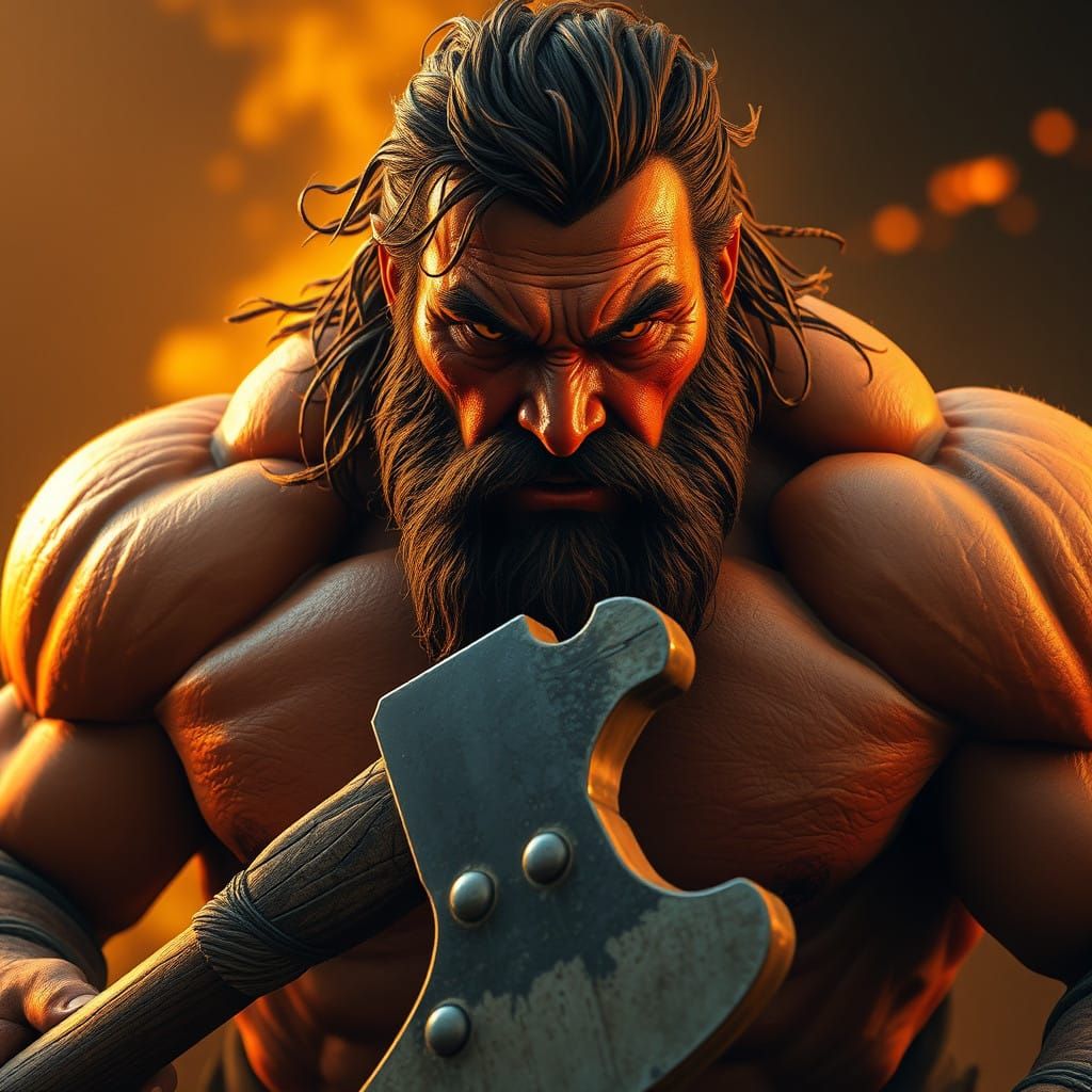 Rugged Warrior with Orange-Hued Skin Grasps Mighty Ax