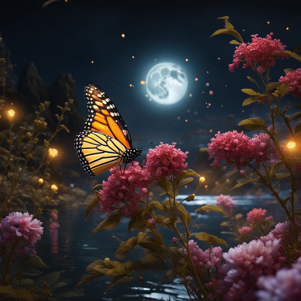 Monarch Butterfly Pollinating Flowers Under Moonlit Night