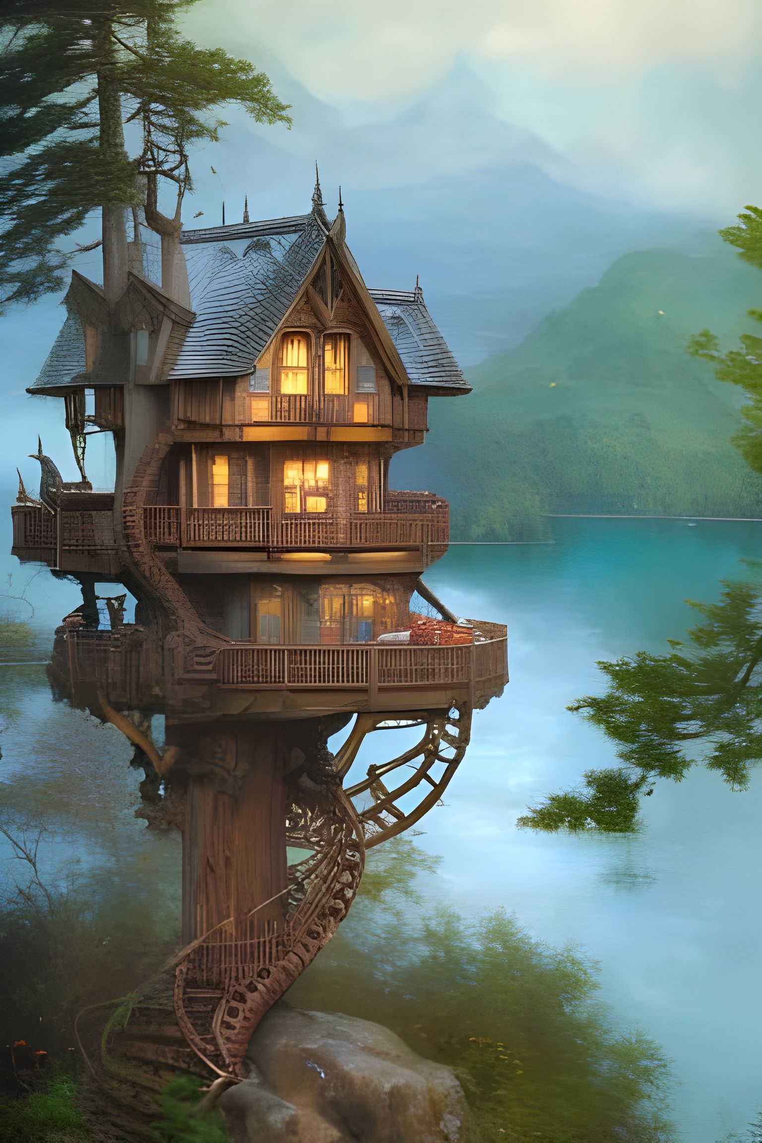 Epic Lakeside Treehouse Castle: Hyper-Detailed Oil Painting