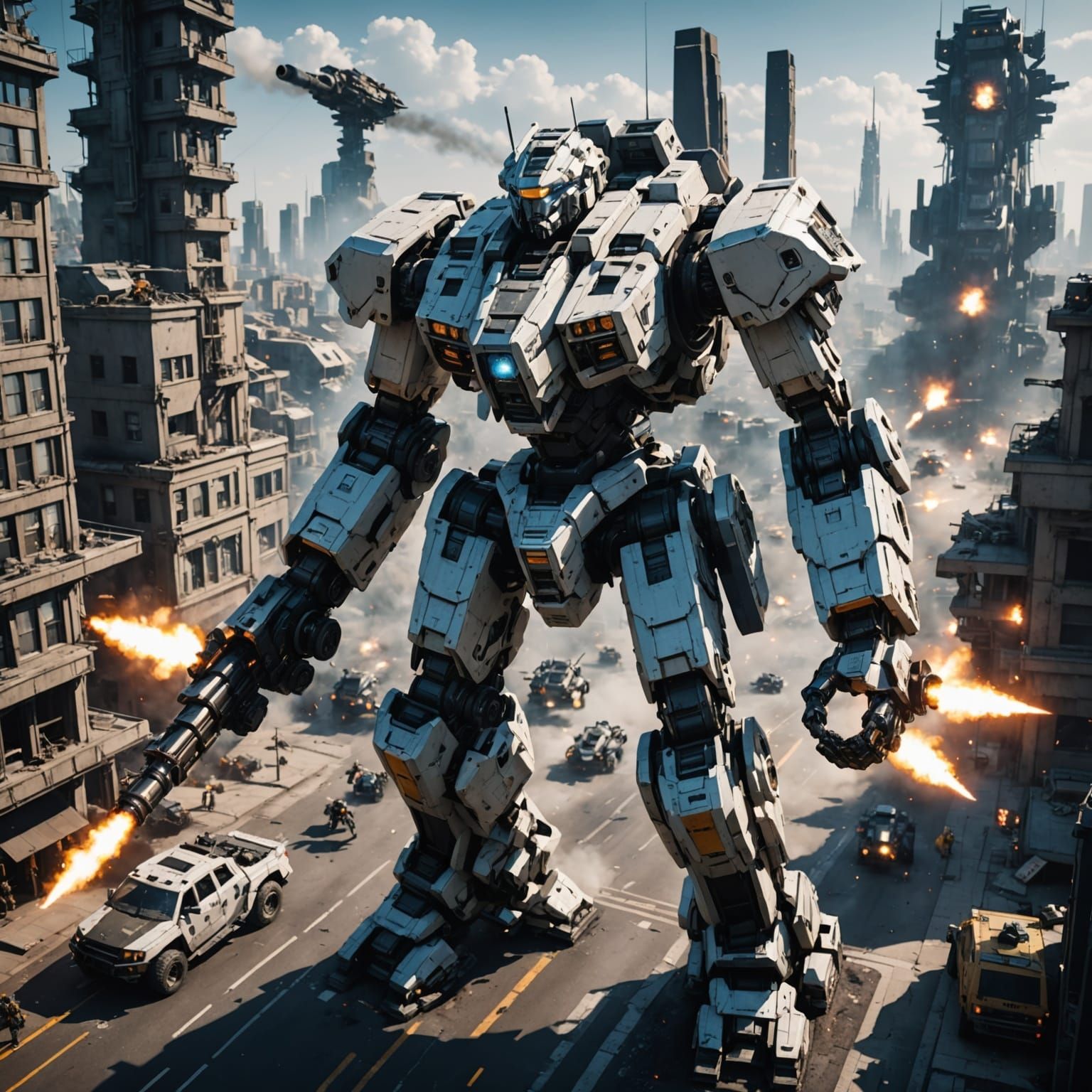 Gargantuan Battle Mech in War Zone City