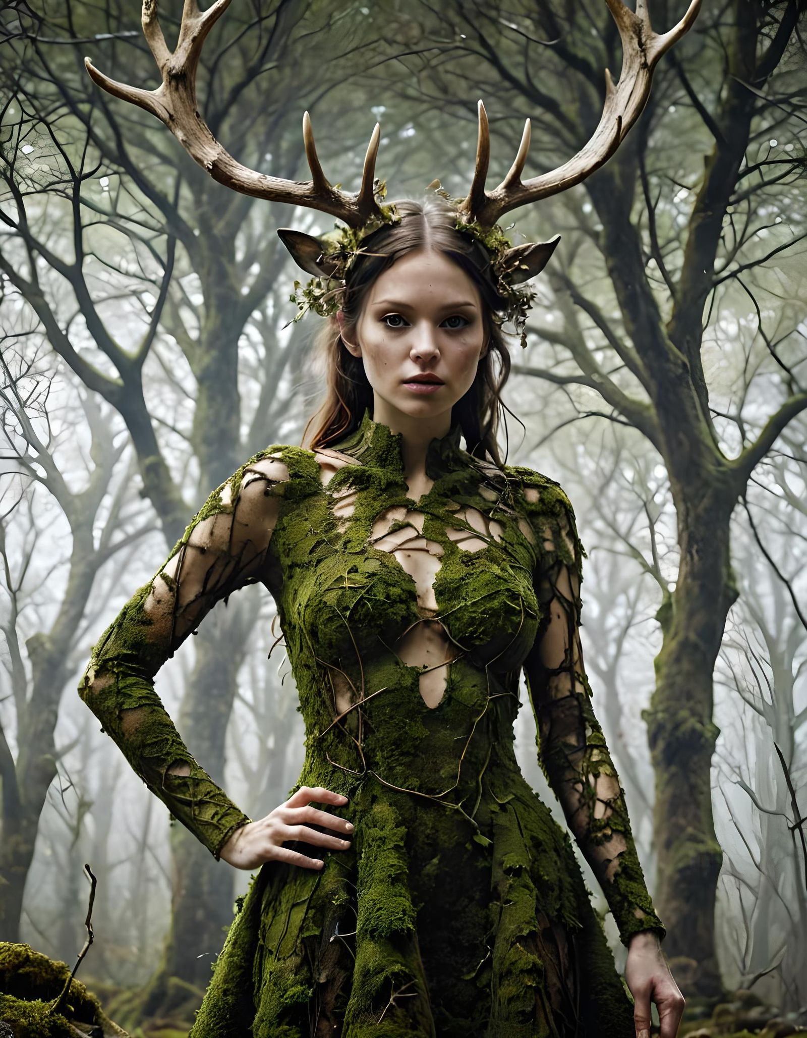 Mysterious Silhouette Woman with Antlers and Moss Dress