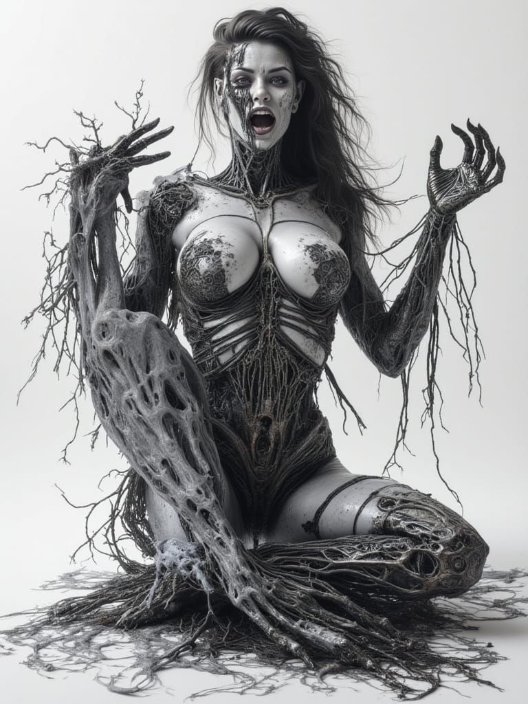 Cyborg Woman Posing with Triple Exposure Effect