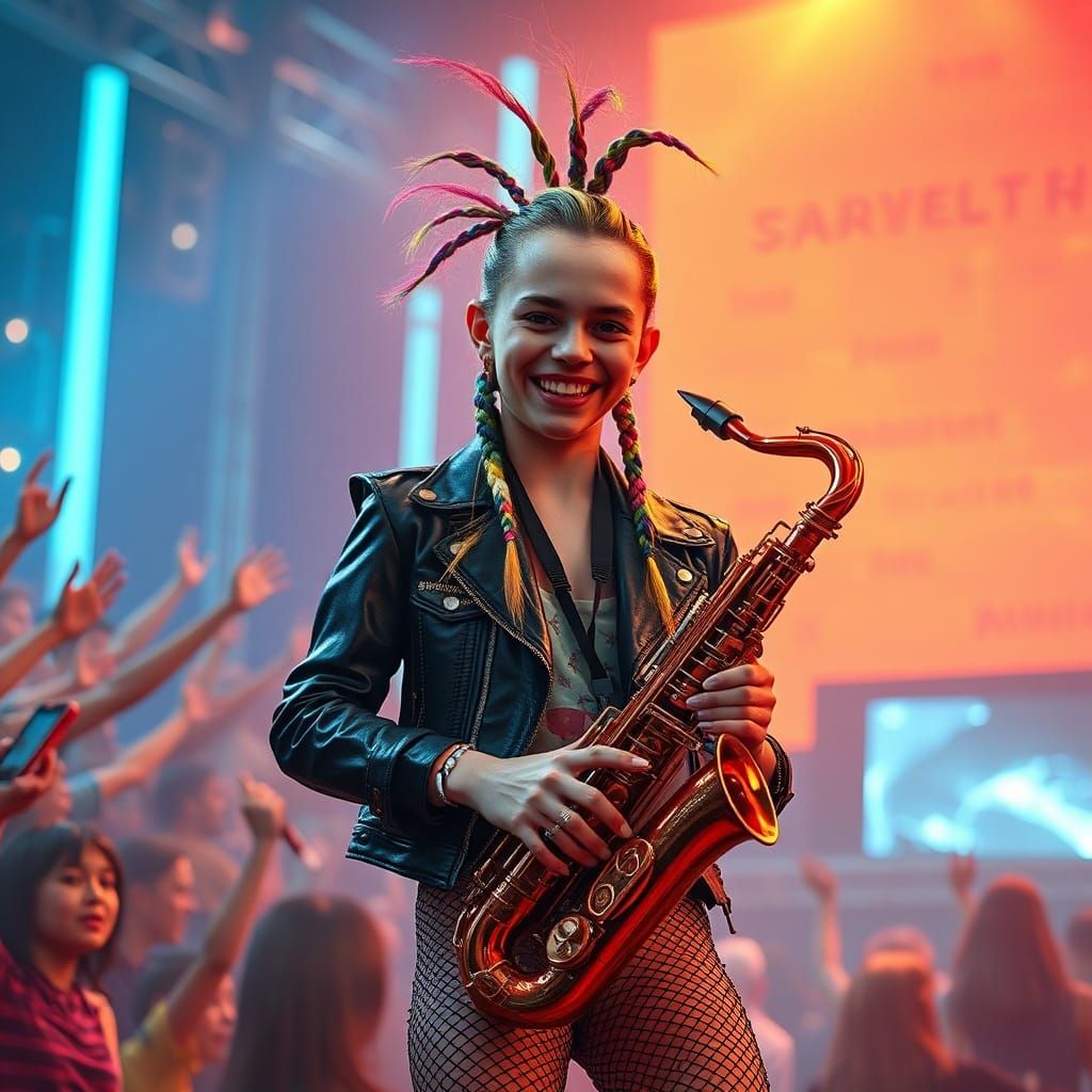 Punk Rock Saxophonist in Futuristic Cityscape