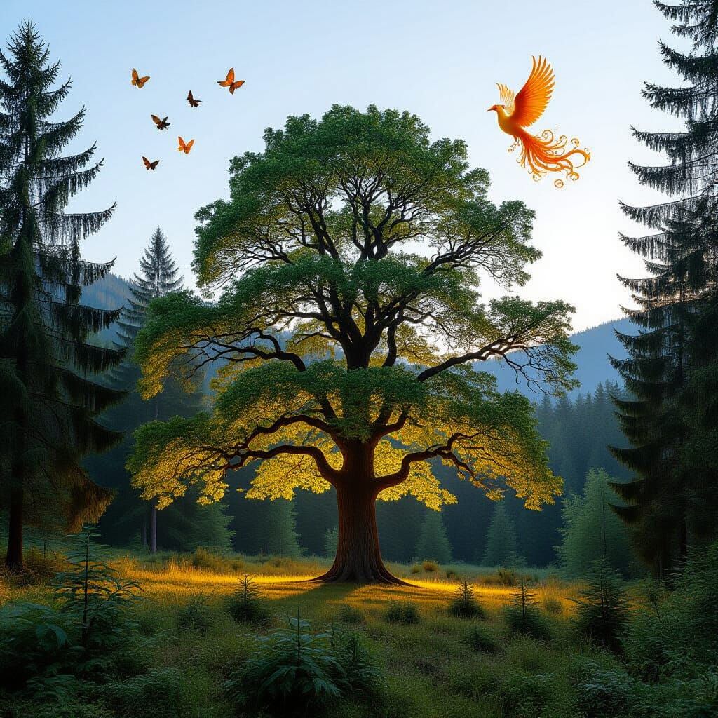 Magical Tree with Phoenix in Enchanted Forest