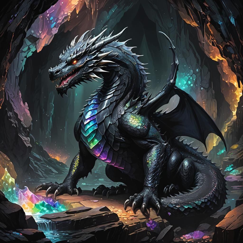 Iridescent Black Dragon in Dark Cave