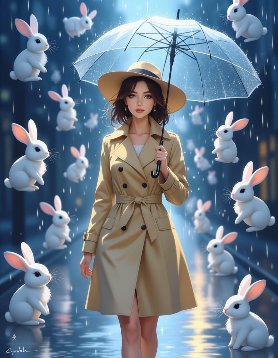 Dreamy Rain of Rabbits, Digital Illustration
