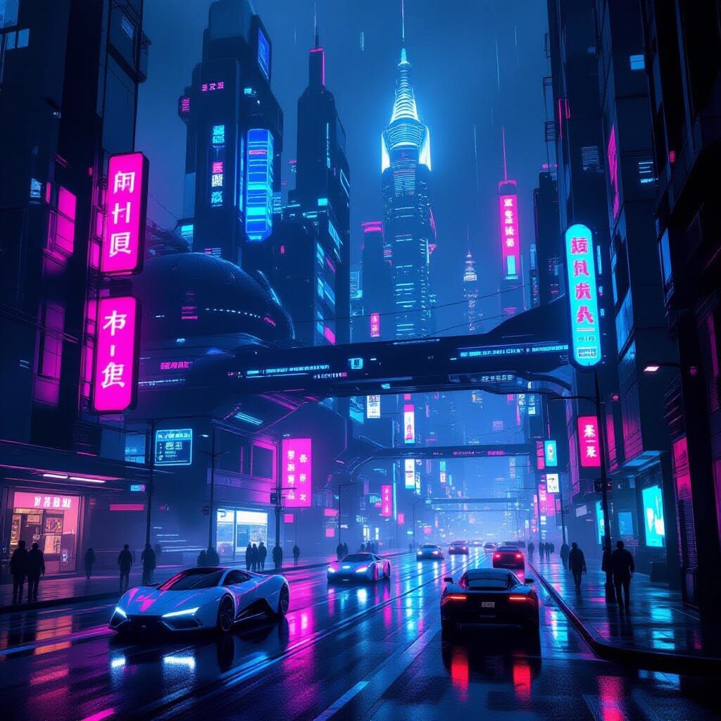 Futuristic Night Cityscape with Cyberpunk Neon and Biolumine...