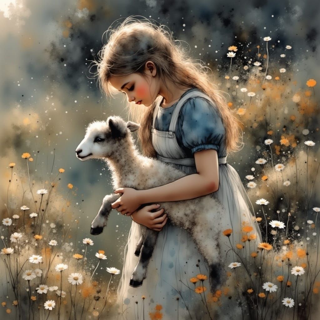 Girl's Tender Moment With Lamb in Soft Morning Light