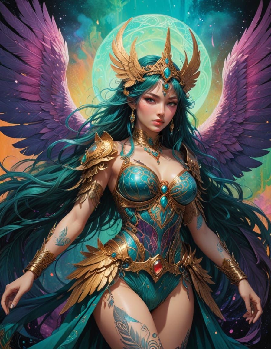 Golden Pointillism Fantasy Harpy Portrait