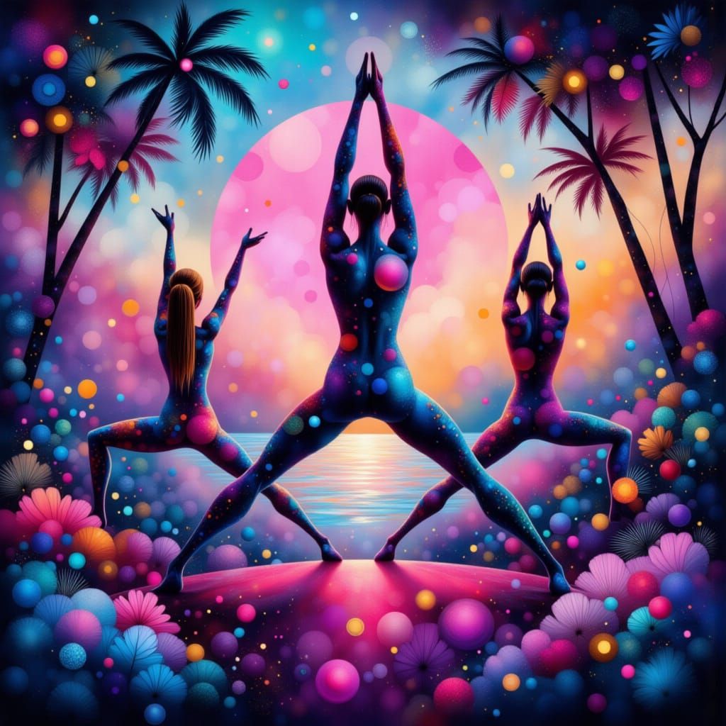 Dynamic Yoga Poses in Neon Botanical Landscape