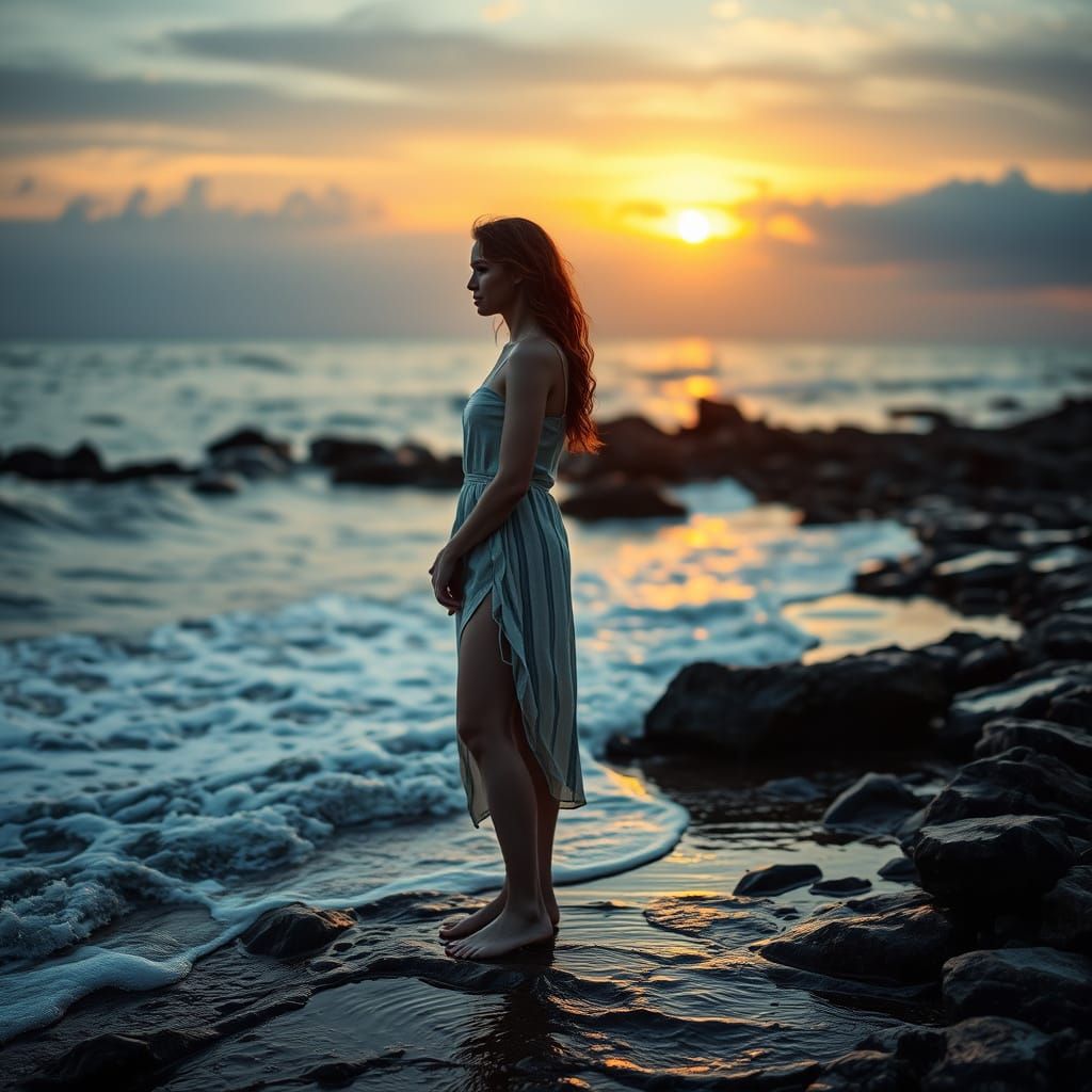 Contemplative Woman in Ocean Sunset