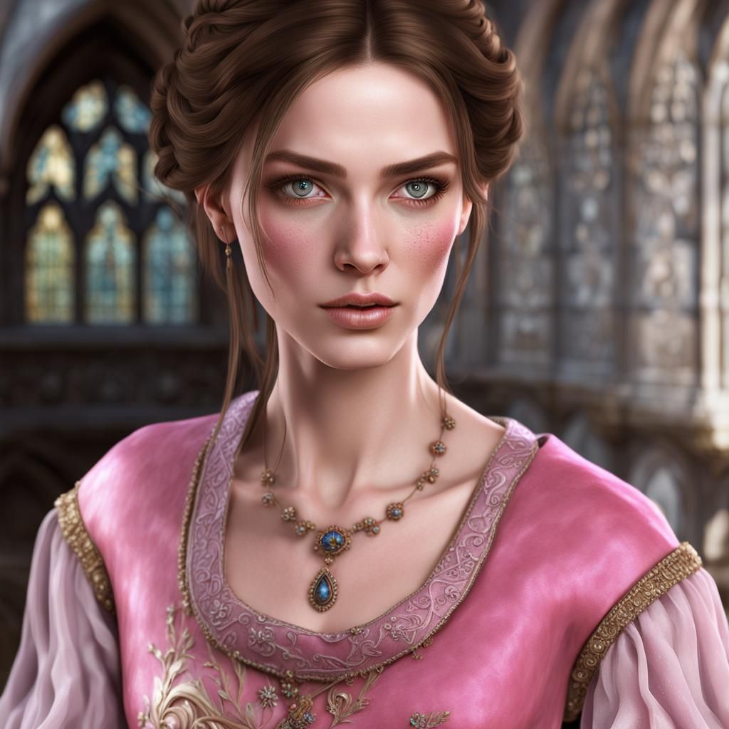 Medieval Woman in Pink Dress, Hyperrealistic 8K Photography