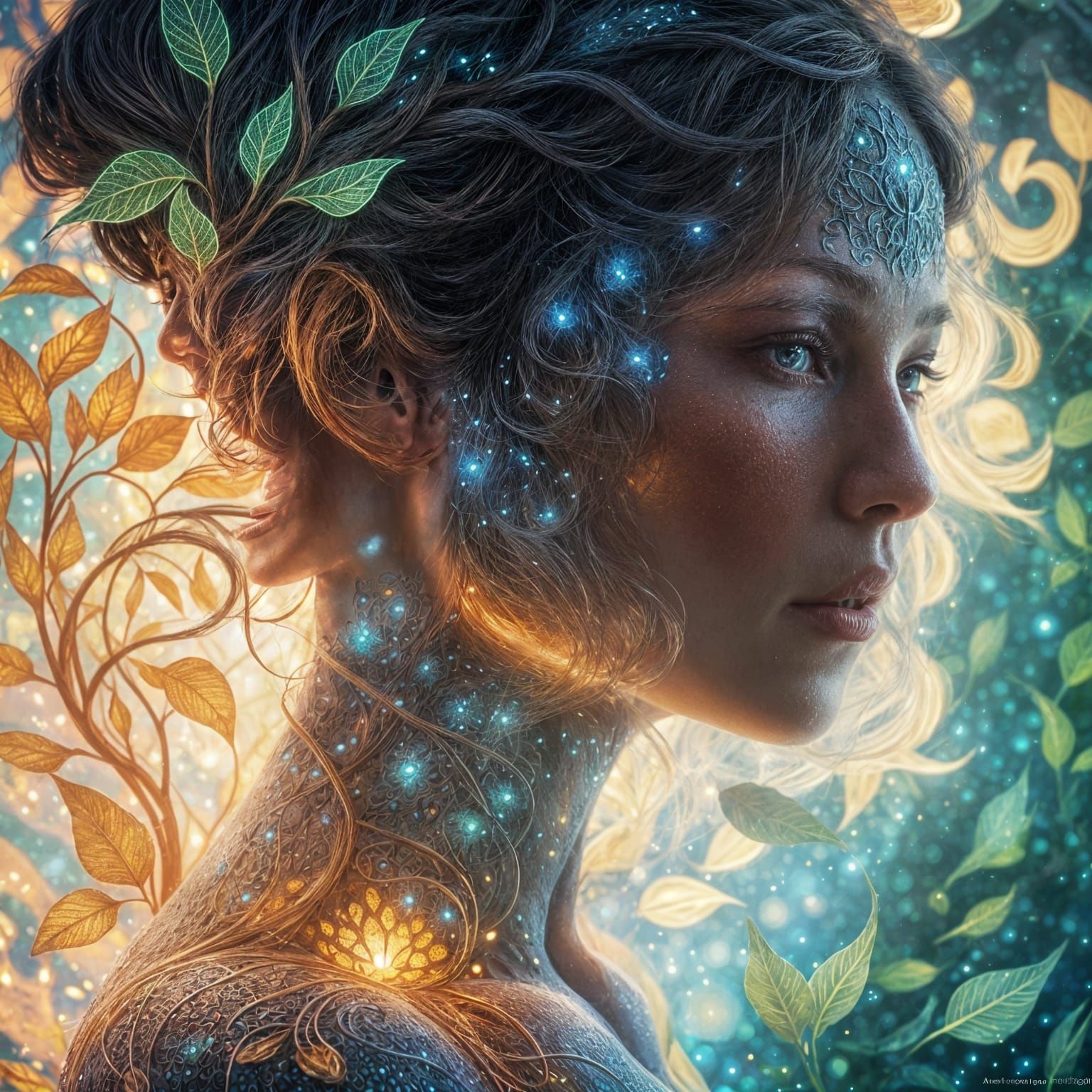 Pointillism Woman with light-beaming body transforms into na...