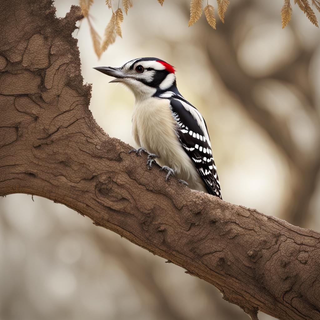 Woodpecker Perched on Oak Tree, Binocular View
