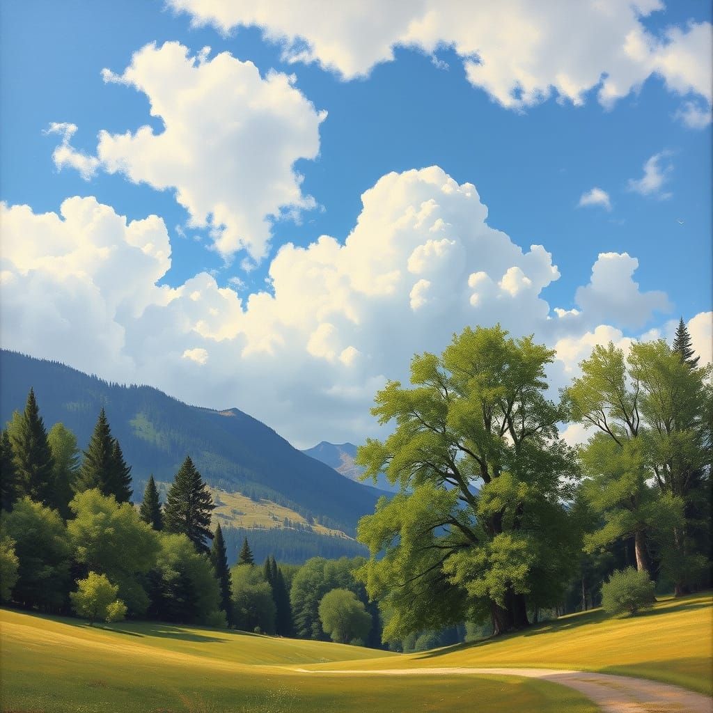 Lush Landscape with Blue Sky in Realist Style