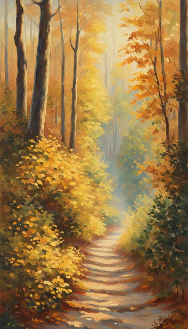 Autumn Forest Path Meets Ocean: Impressionist Oil Painting