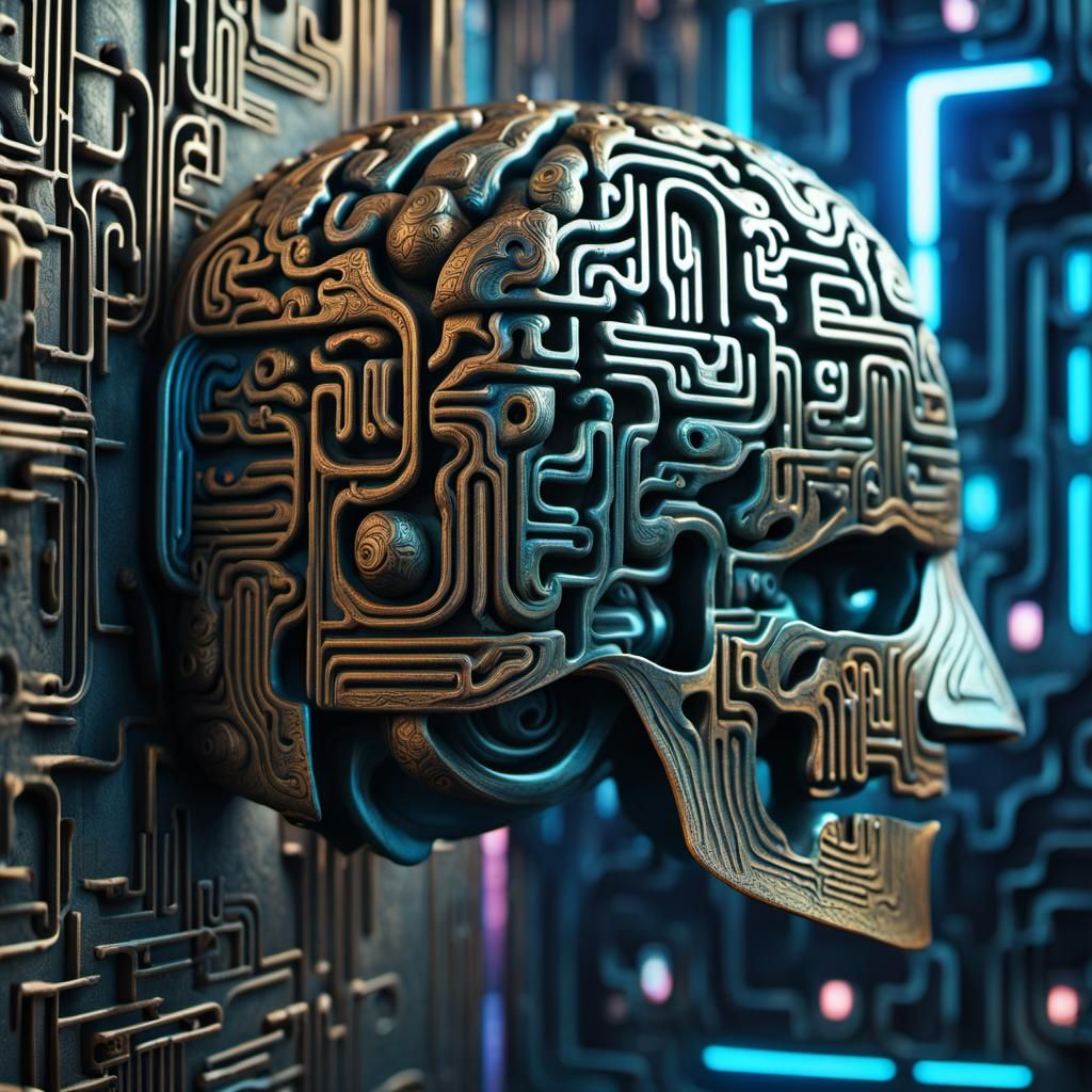 Cyberpunk Brain Maze with Mystical Symbols