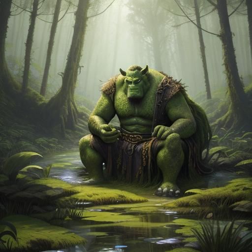 Ogre on Swamp Throne: Dreamworks-Style Illustration
