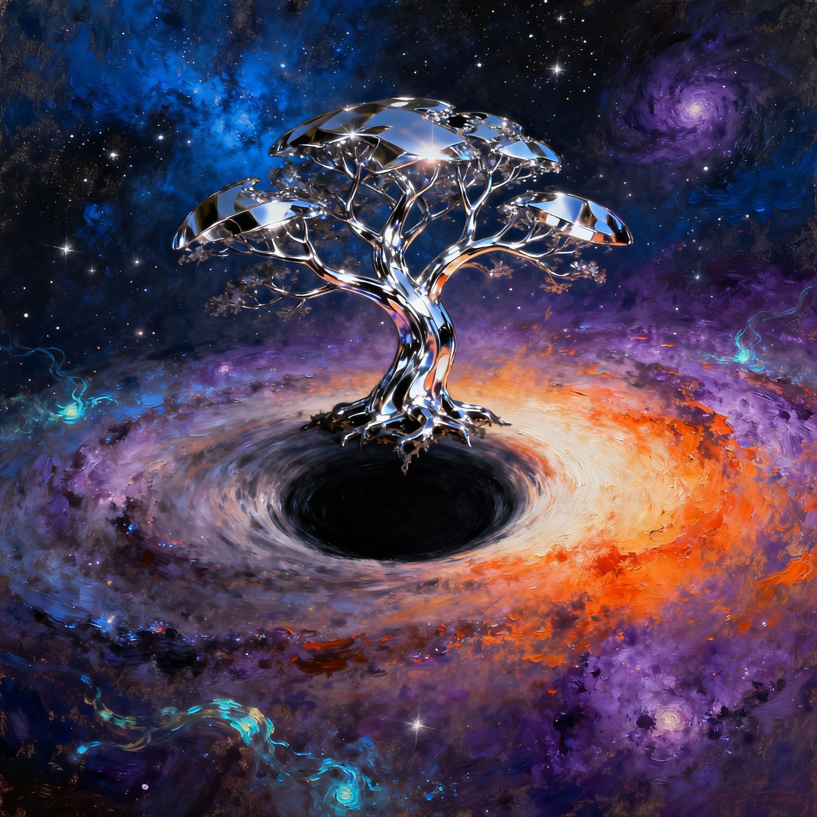 Chrome Tree on Black Hole in Nebula Oil Painting