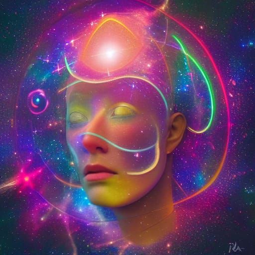 Holographic Cosmic Universe Illustration in Mixed Media