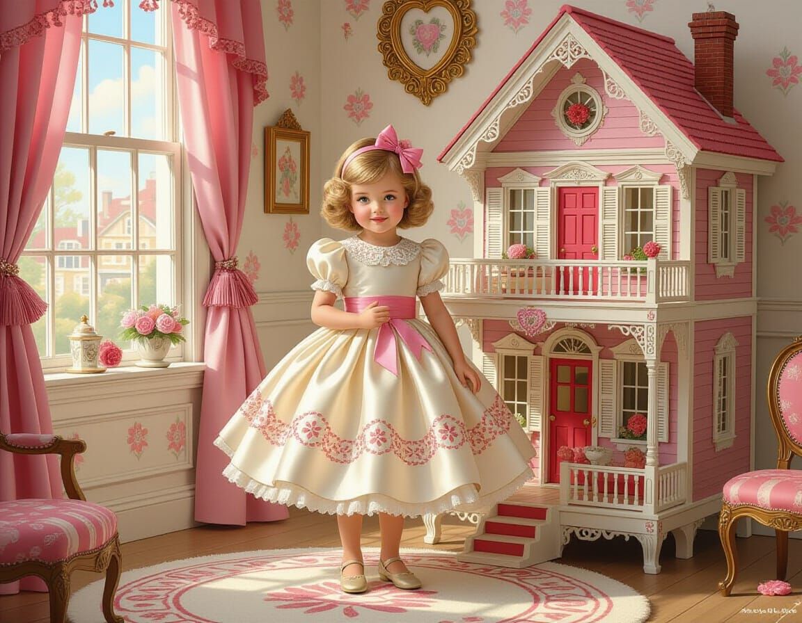 Elegant Girl in Dollhouse with Valentine's Decor