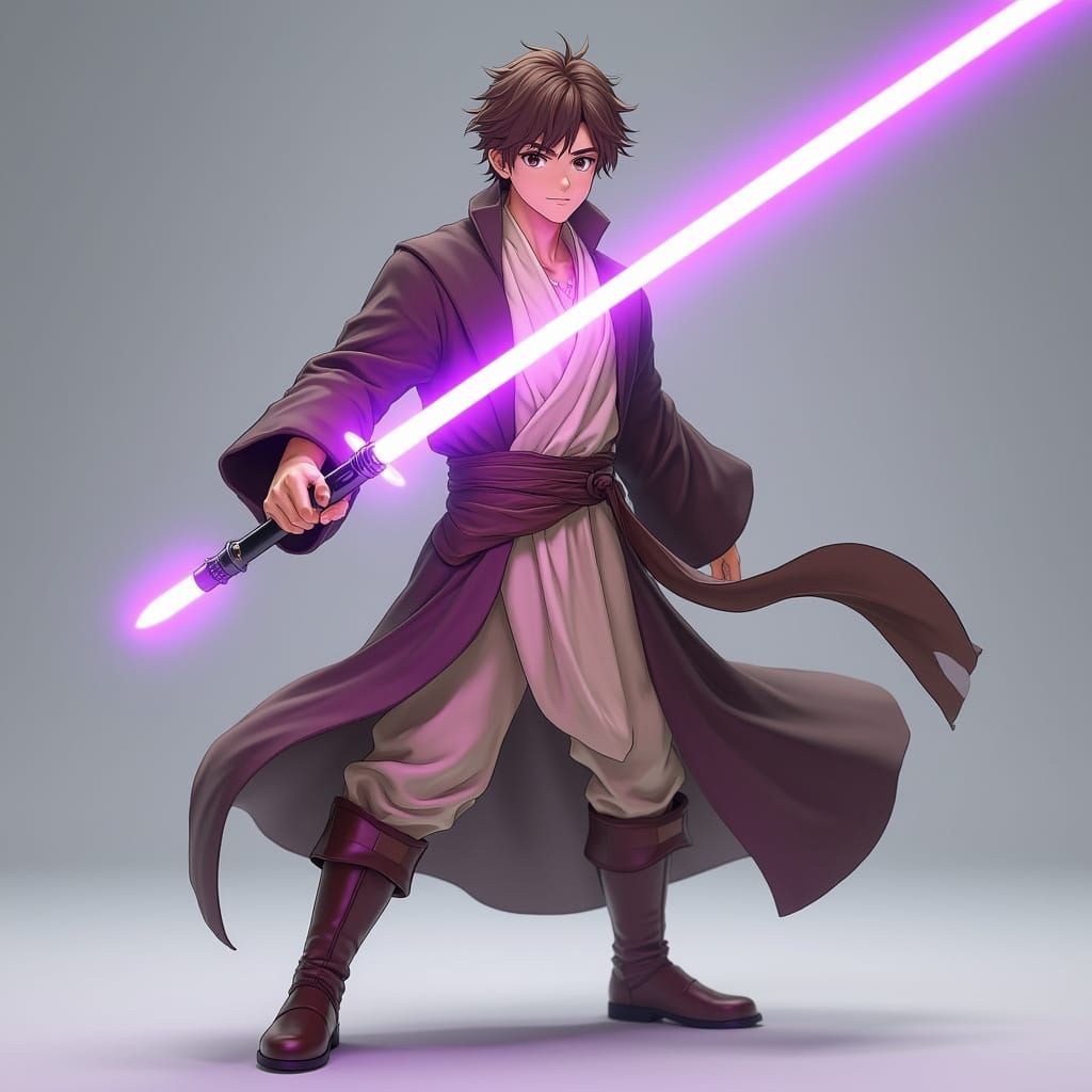 Teen Jedi Apprentice With Purple Lightsaber in Anime Style