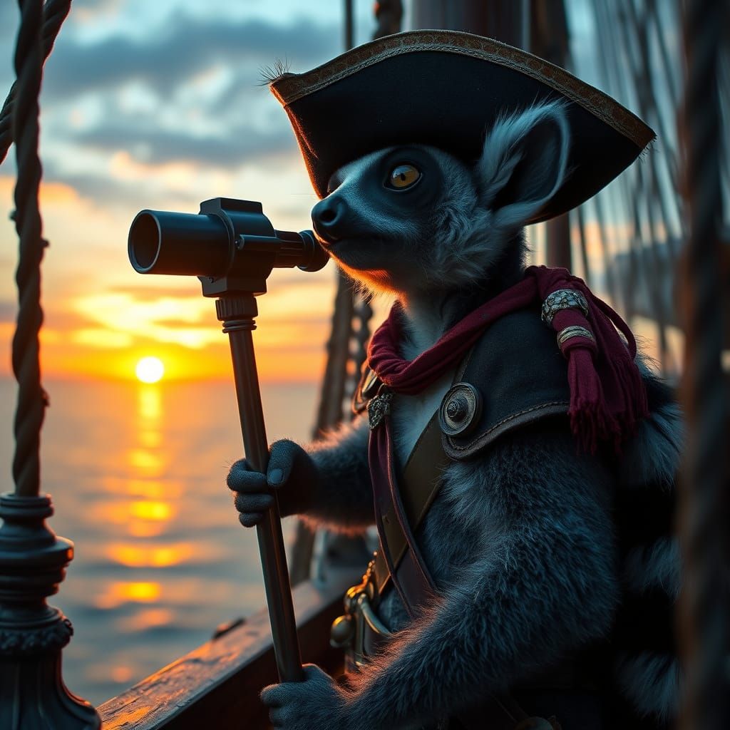 Ring-Tailed Lemur Pirate at Sunset, Hyperrealistic Style