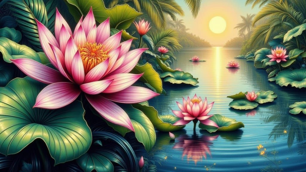 Neon Lotus Flower in Art Nouveau Style