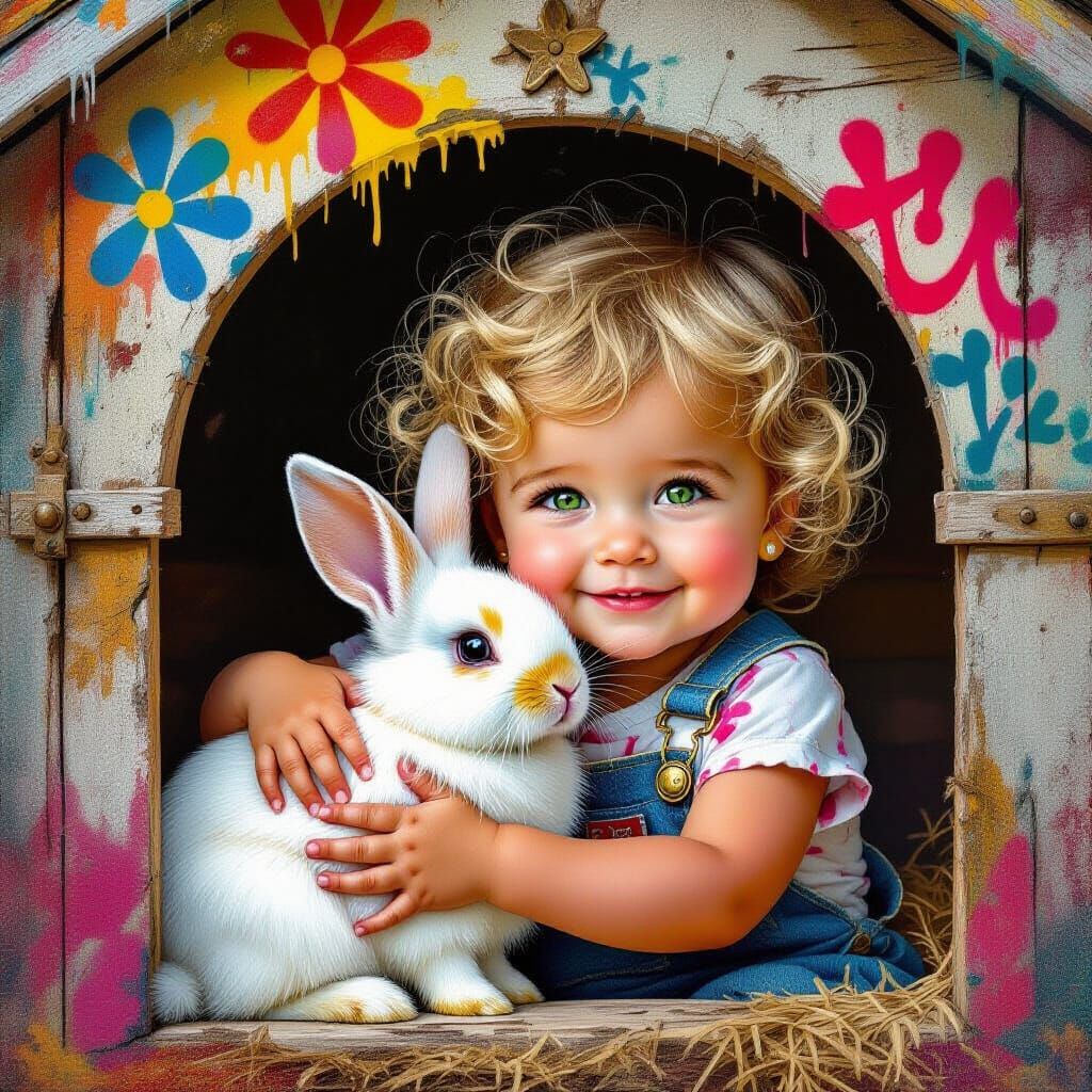 Toddler Cuddling Bunny Near Graffiti Rabbit Hutch