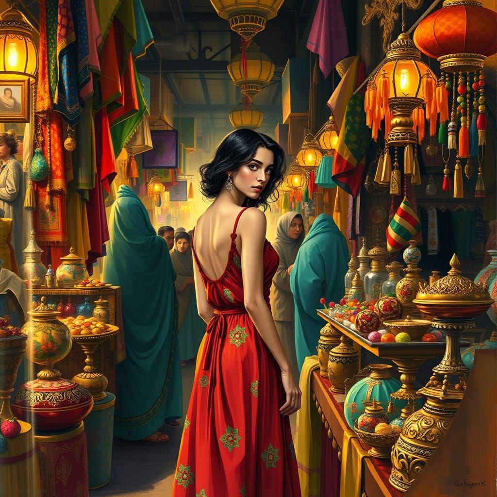 Young Woman Surrounded by Moroccan Fabrics and Trinkets in a...