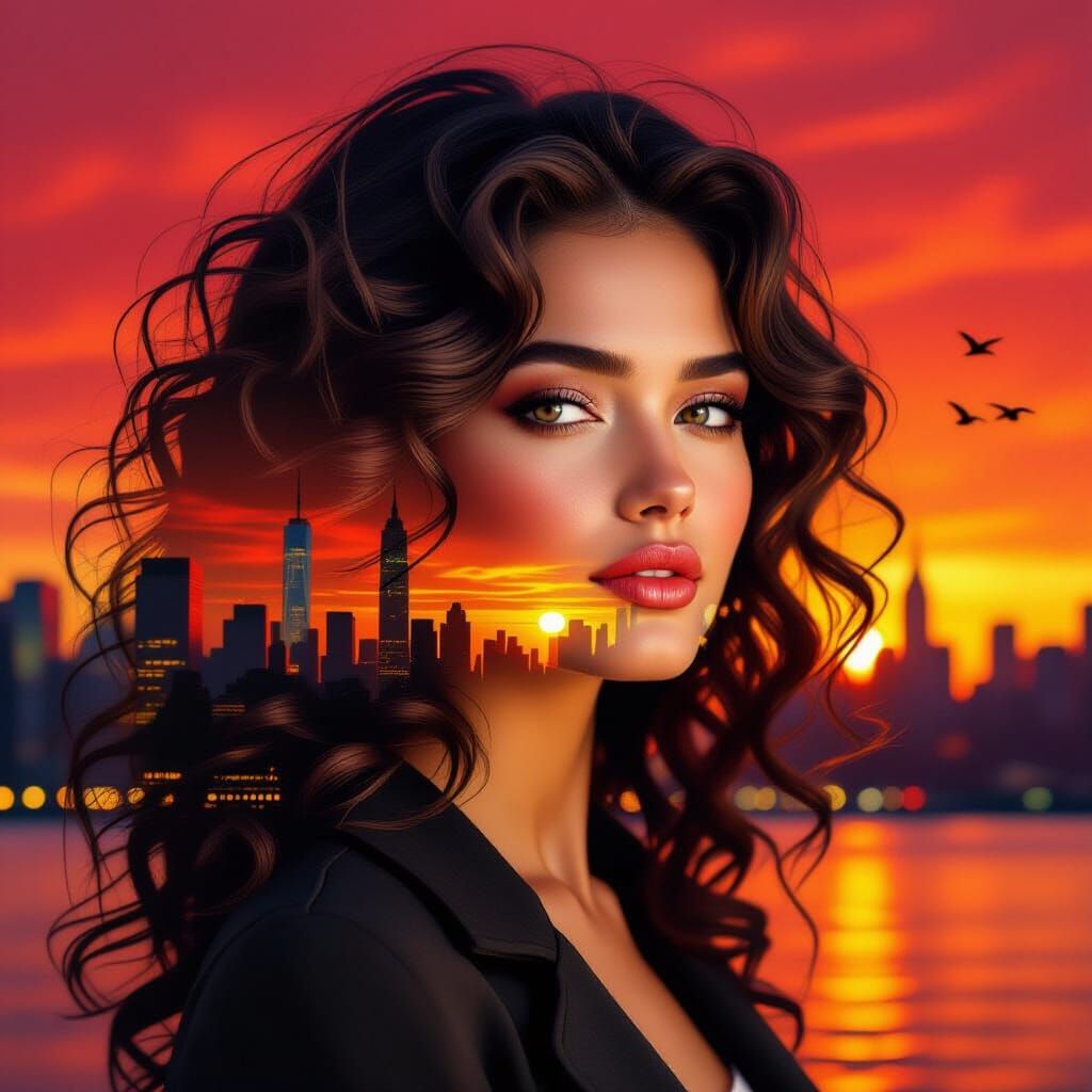 Surreal Double Exposure Portrait of Woman Blended with NYC S...