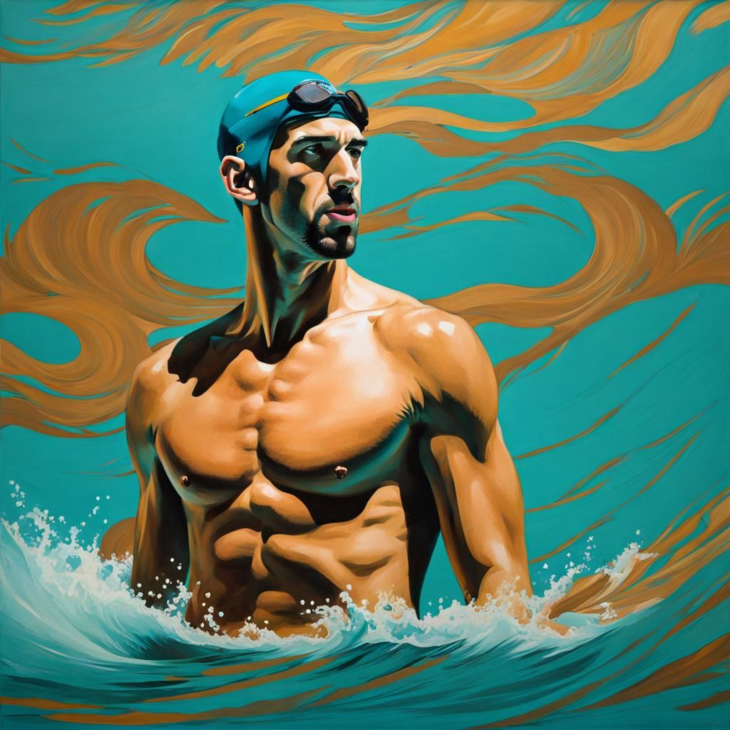 Swimmer Portrait: Teal and Ochre Digital Art