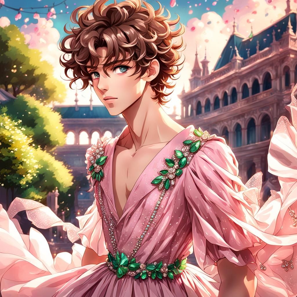 Anime Boy in Pink Dress with Dazzling Light