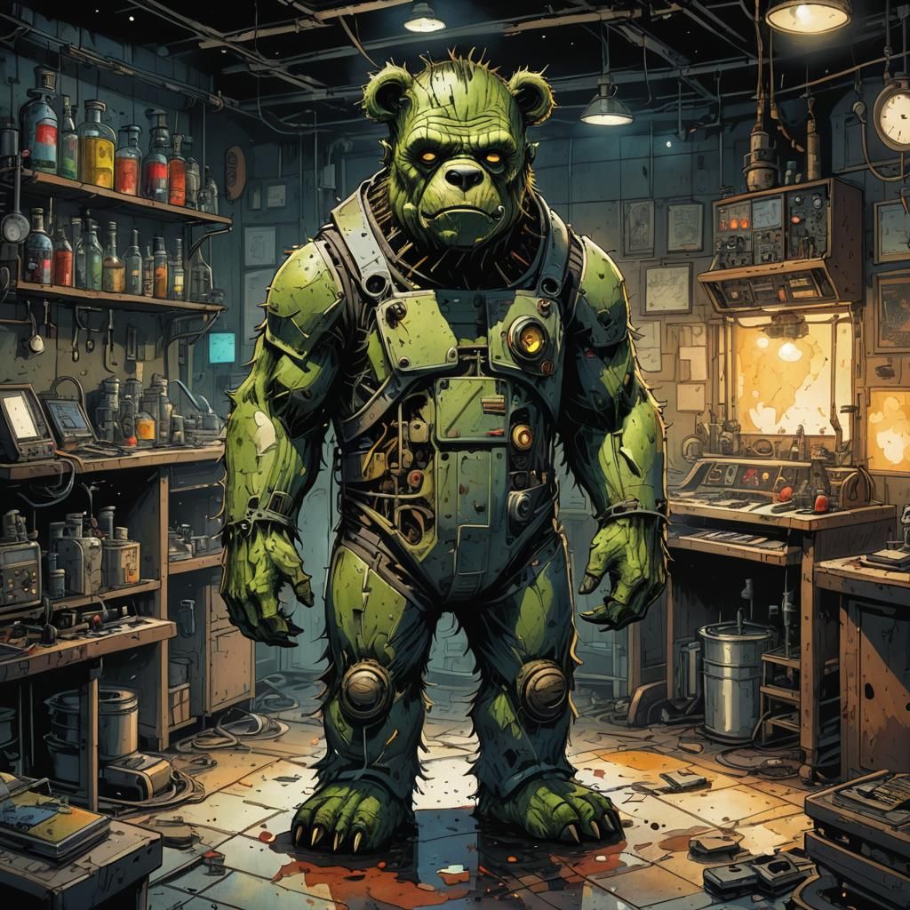 Frankenstein Teddy Bear in Dark Laboratory