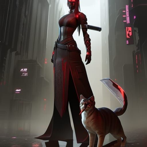 Cyberpunk Shiranui with Cat: Dark Fantasy Art