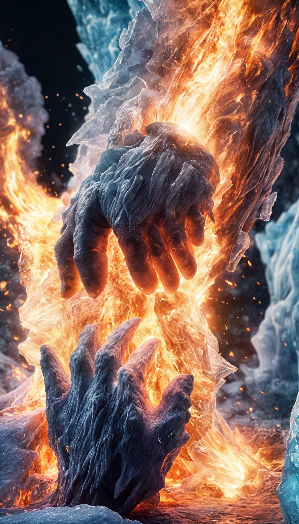 Fiery Hand Bursts Through Frozen Ice Mountain