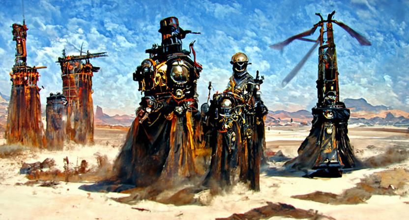 Steampunk Warriors in Sinister Desert Landscape