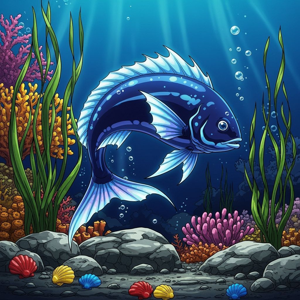 Icy Blue Fish Swimming in Deep Ocean, Cel-Shaded Style