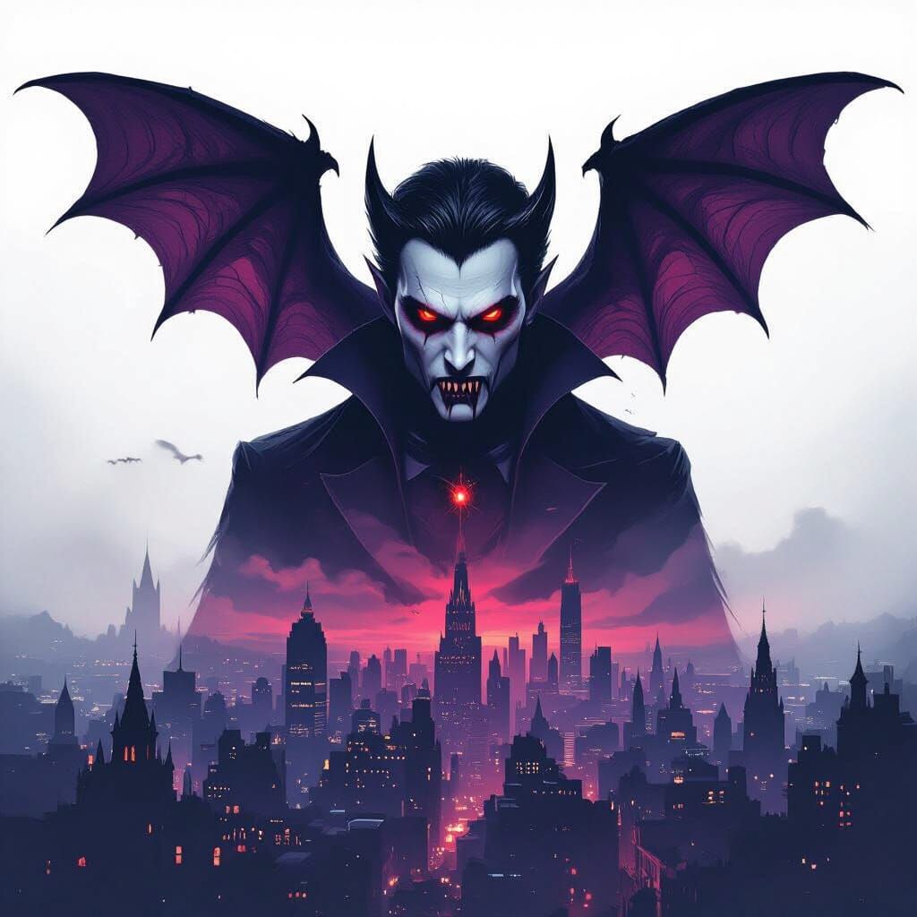 Vampire Portrait with Bat Wings Over Cityscape in Lowbrow Ar...